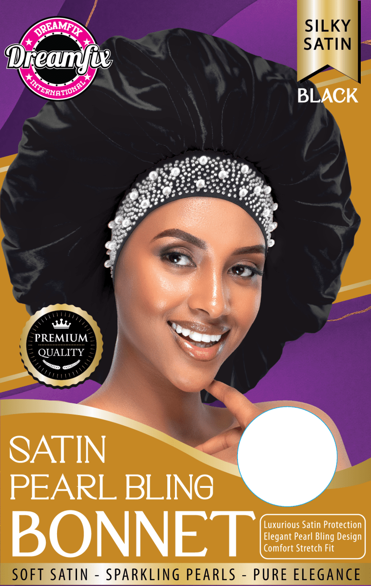 Dreamfix Health & Beauty Black Dreamfix Satin Pearl Bling Bonnet