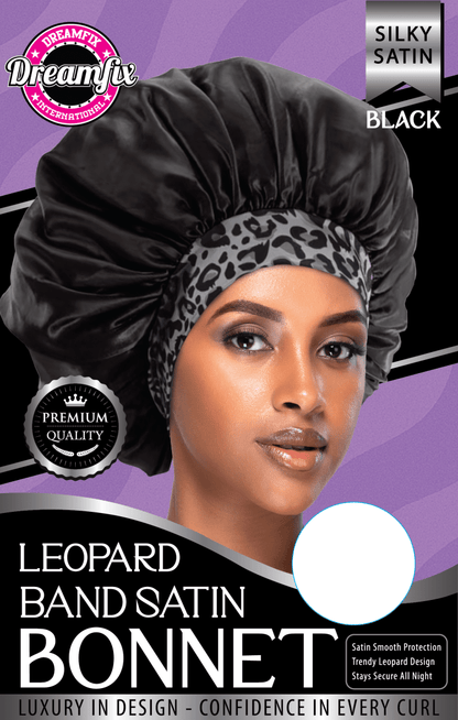 Dreamfix Health & Beauty Black Dreamfix Leopard Band Satin Bonnet
