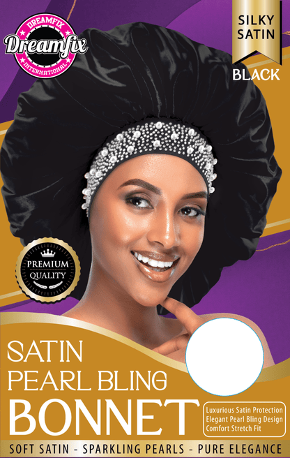 Dreamfix Health & Beauty Black Dreamfix Satin Pearl Bling Bonnet