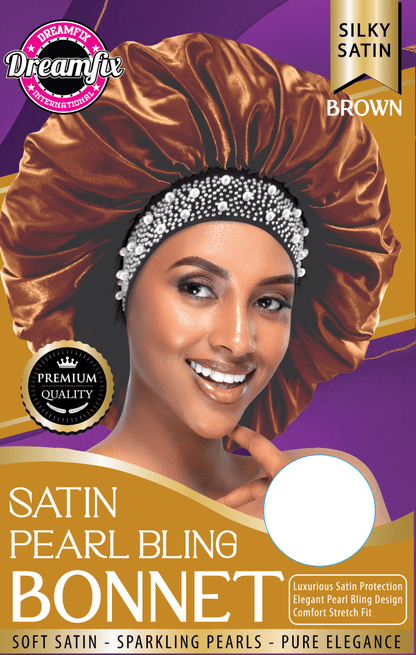 Dreamfix Health & Beauty Brown Dreamfix Satin Pearl Bling Bonnet